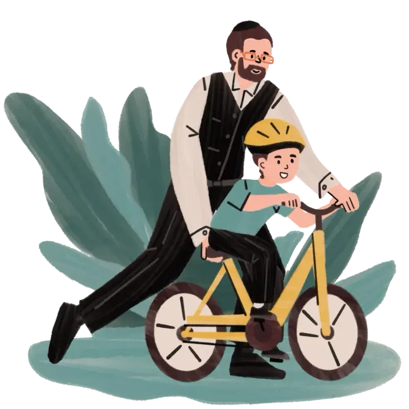 Adult man helping a child with a helmet learn to ride a yellow bicycle outdoors.