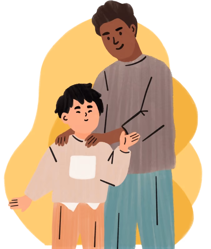 Illustration of an adult with hand on a child's shoulder, both smiling against a yellow background.