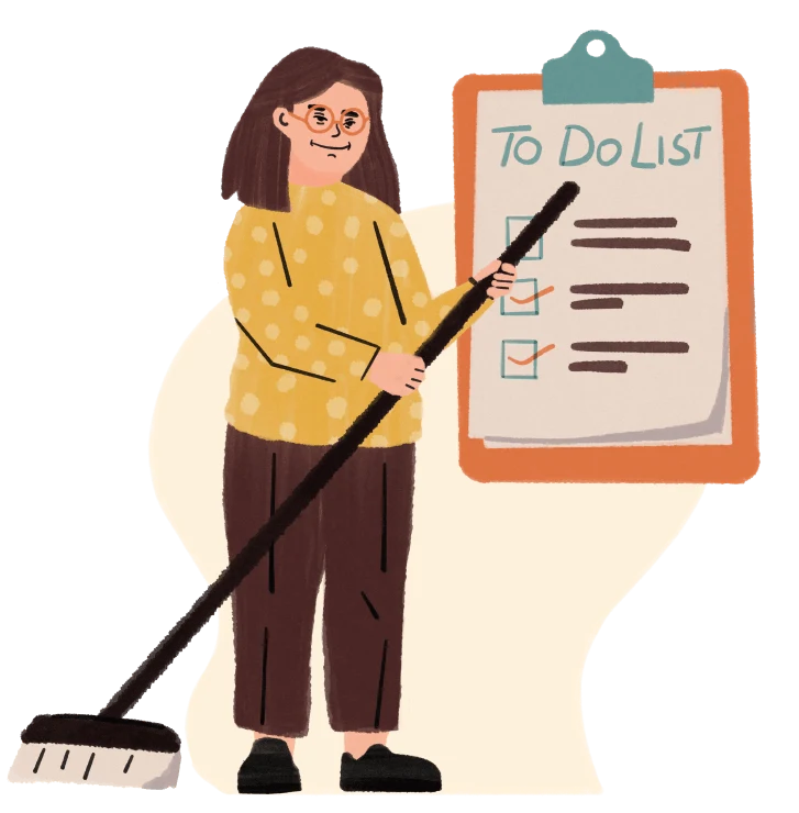 Person with glasses holding a broom and pointing to a clipboard with a to-do list and check marks.