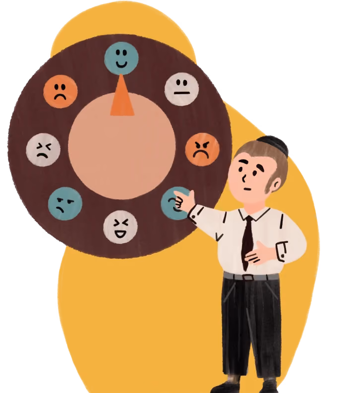 Man pointing at a circular emotion wheel displaying various facial expressions from happy to angry.