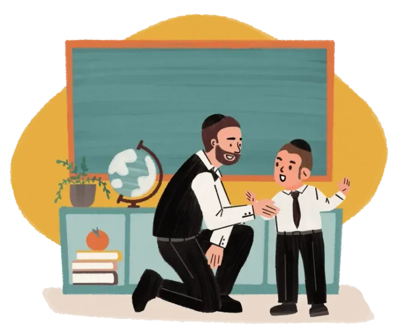 Teacher kneeling and greeting young student in classroom with globe and chalkboard behind them.