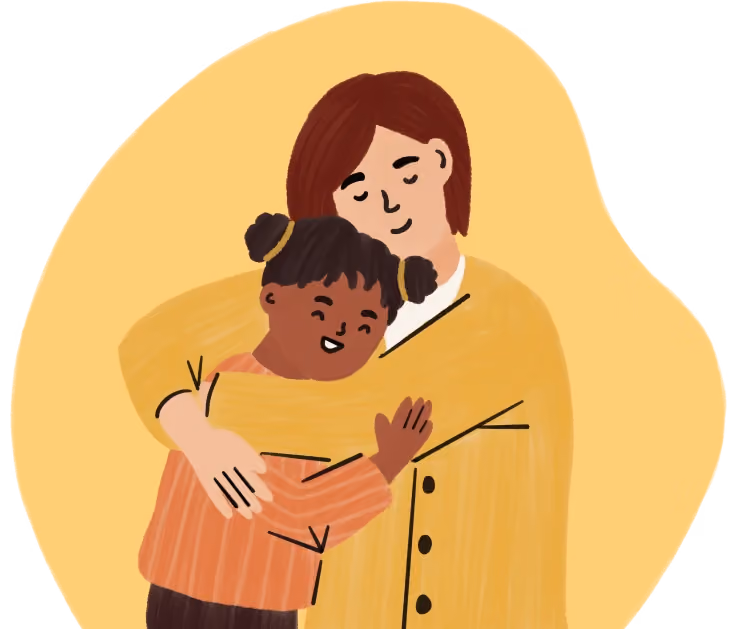 Illustration of a woman with brown hair hugging a smiling girl with two buns in her hair.