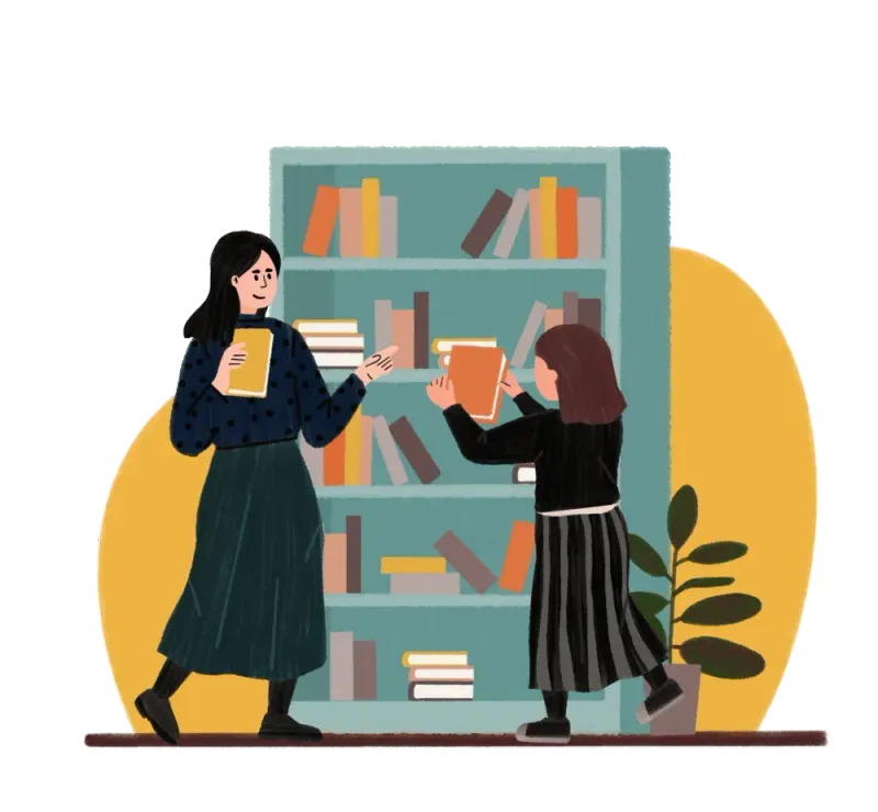 Illustration of two women selecting books from a bookshelf with a yellow background and plant.
