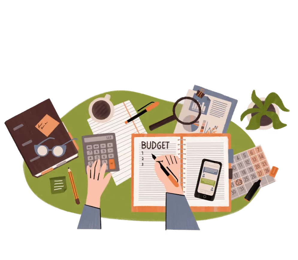 Hands working on budget planning with notebook, calculator, smartphone, coffee, and calendar on table.