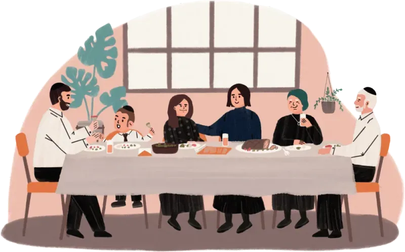 Family of six sitting at a table enjoying a meal together in a room with large window and plants.