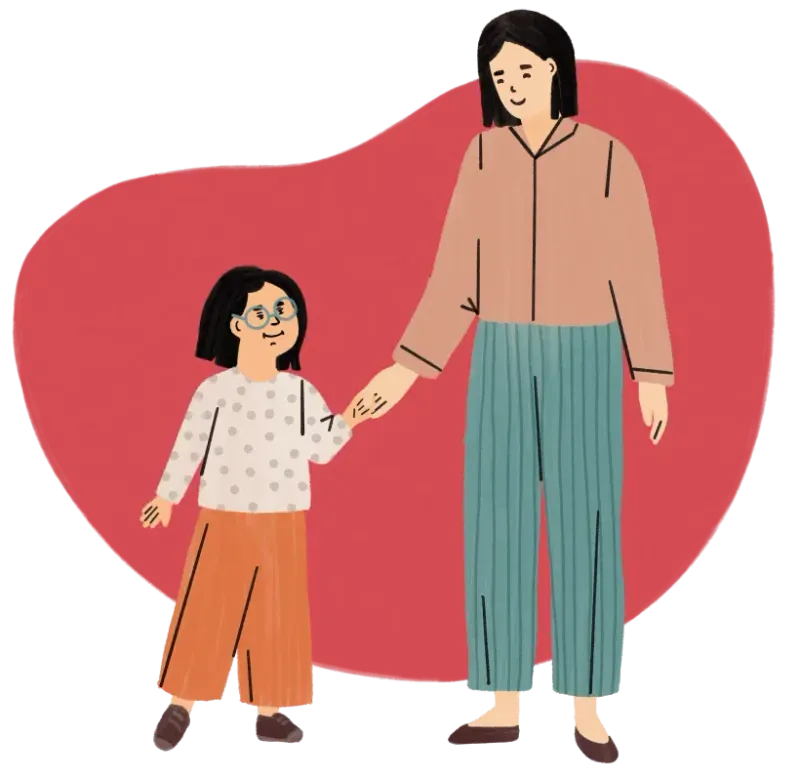 Illustration of an adult holding hands with a child wearing glasses in front of a red background.