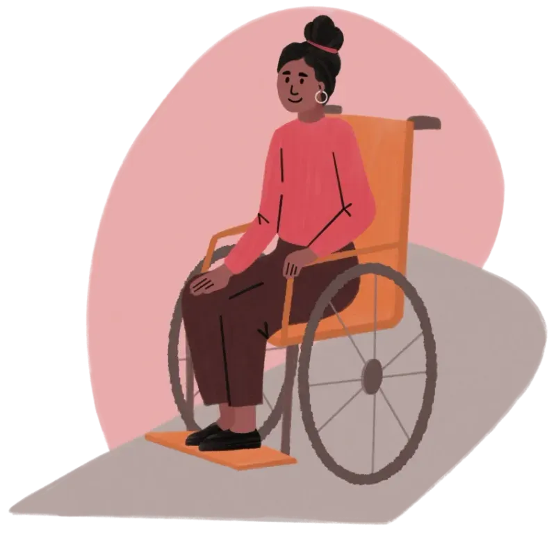 Illustration of a smiling woman sitting in an orange wheelchair against a pink background.