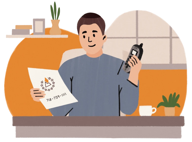 Person holding a phone and paper with a phone number 718-759-1111 in a room with plants and a window.