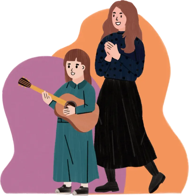 Child playing guitar while adult claps along, both smiling and standing on colorful shapes background.
