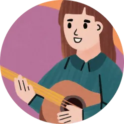Illustration of person with brown hair playing an acoustic guitar smiling.