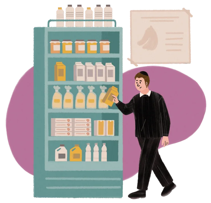 Person choosing a product from a stocked grocery store shelf with various packaged goods.
