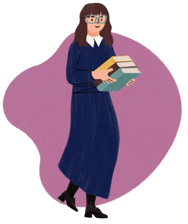 Illustration of a person in glasses and a blue dress holding a stack of three books.