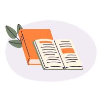 Closed orange book with green leaves and an open book with text on a purple oval background.