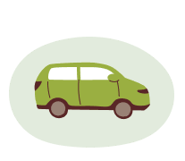 Green minivan side view on a light grey oval background.