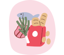 Icon with fish, bread, celery, a carton of milk, and an egg on a pink background.