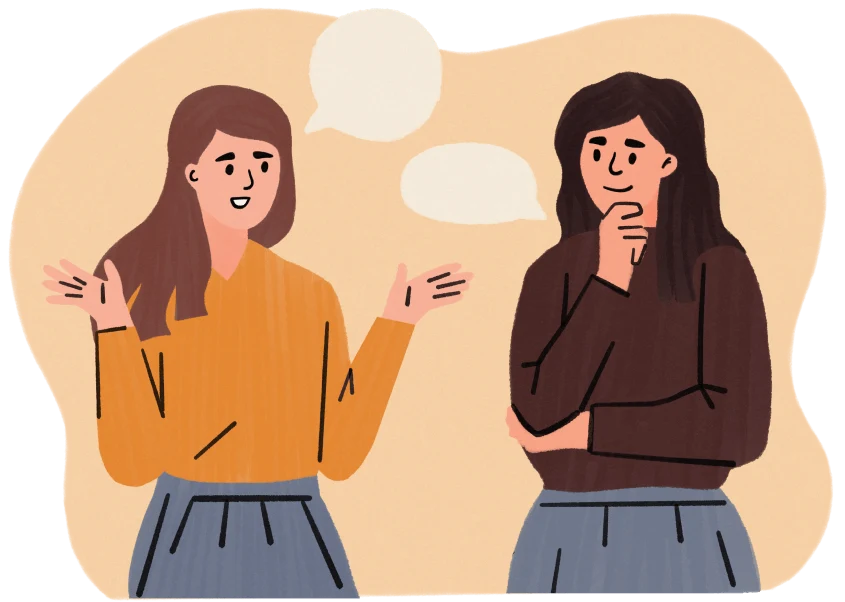 Illustration of two women conversing with speech bubbles above them.