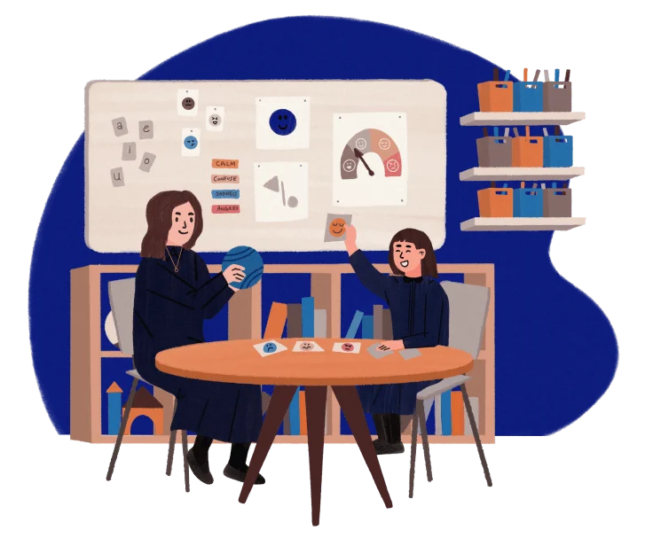 Two people sitting at a round table using emotion cards with a whiteboard showing mood faces and words behind them.