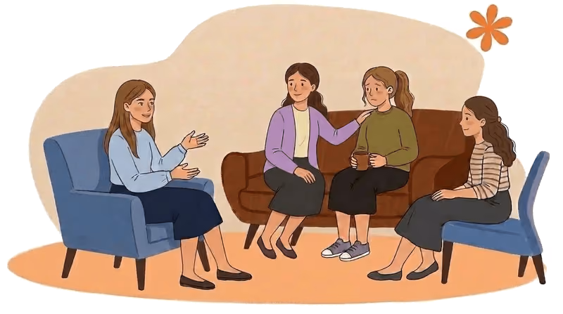 Four teenage girls sitting and talking in a supportive group setting with one comforting another.