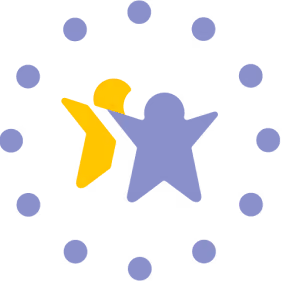 Blue star figure and smaller yellow person figure surrounded by a circle of blue dots.