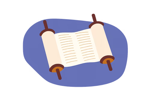 Illustration of an open ancient scroll with wooden handles on a blue background.