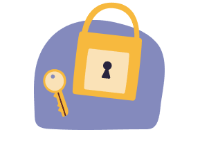 Yellow padlock with key on a dark blue rounded shape background.