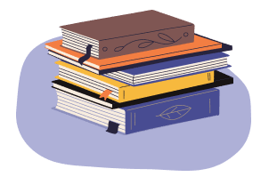 Stack of five colorful hardcover books with bookmarks on a purple background.