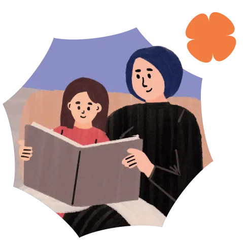Adult and child sitting together reading a large book with a flower icon above them.