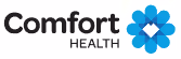 Comfort Health logo with blue geometric flower design.