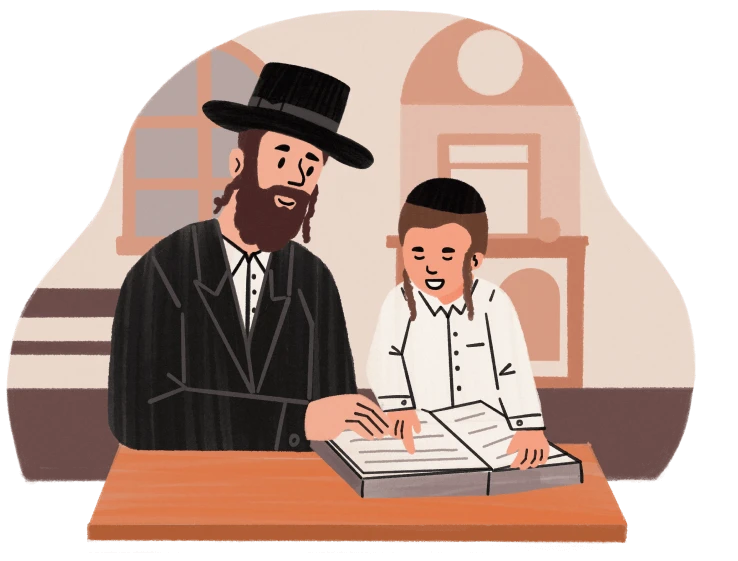 Illustration of a man and young boy in traditional Jewish attire reading a book at a table.