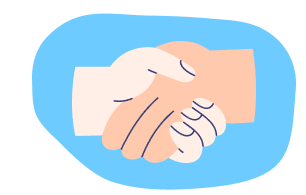 Two hands shaking in a handshake over a blue background.
