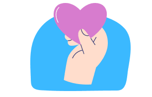 Hand making a finger heart gesture with a pink heart shape on a blue background.