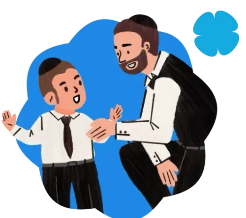Illustration of a man kneeling and talking to a smiling boy dressed in white shirts and black pants.