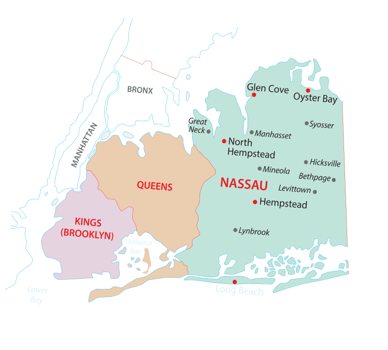Map showing New York boroughs Kings (Brooklyn), Queens, Nassau, and Bronx with key towns labeled.