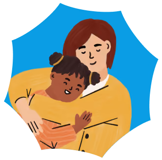 Illustration of a woman with red hair hugging a smiling girl with pigtails against a blue background.