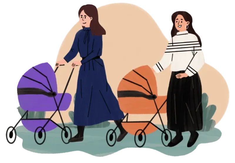 Two women walking side by side pushing baby strollers, one purple and one orange.