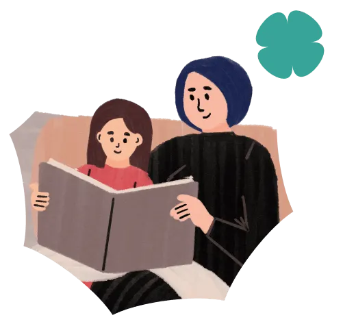 Illustration of an adult and child sitting together reading a large book.