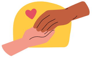 Dark-skinned hand gently holding lighter-skinned hand with heart symbol above them.