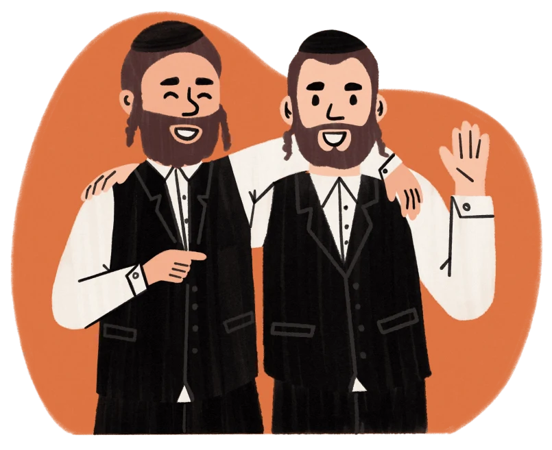 Two smiling men with beards, wearing black vests and white shirts, one waving and the other pointing.