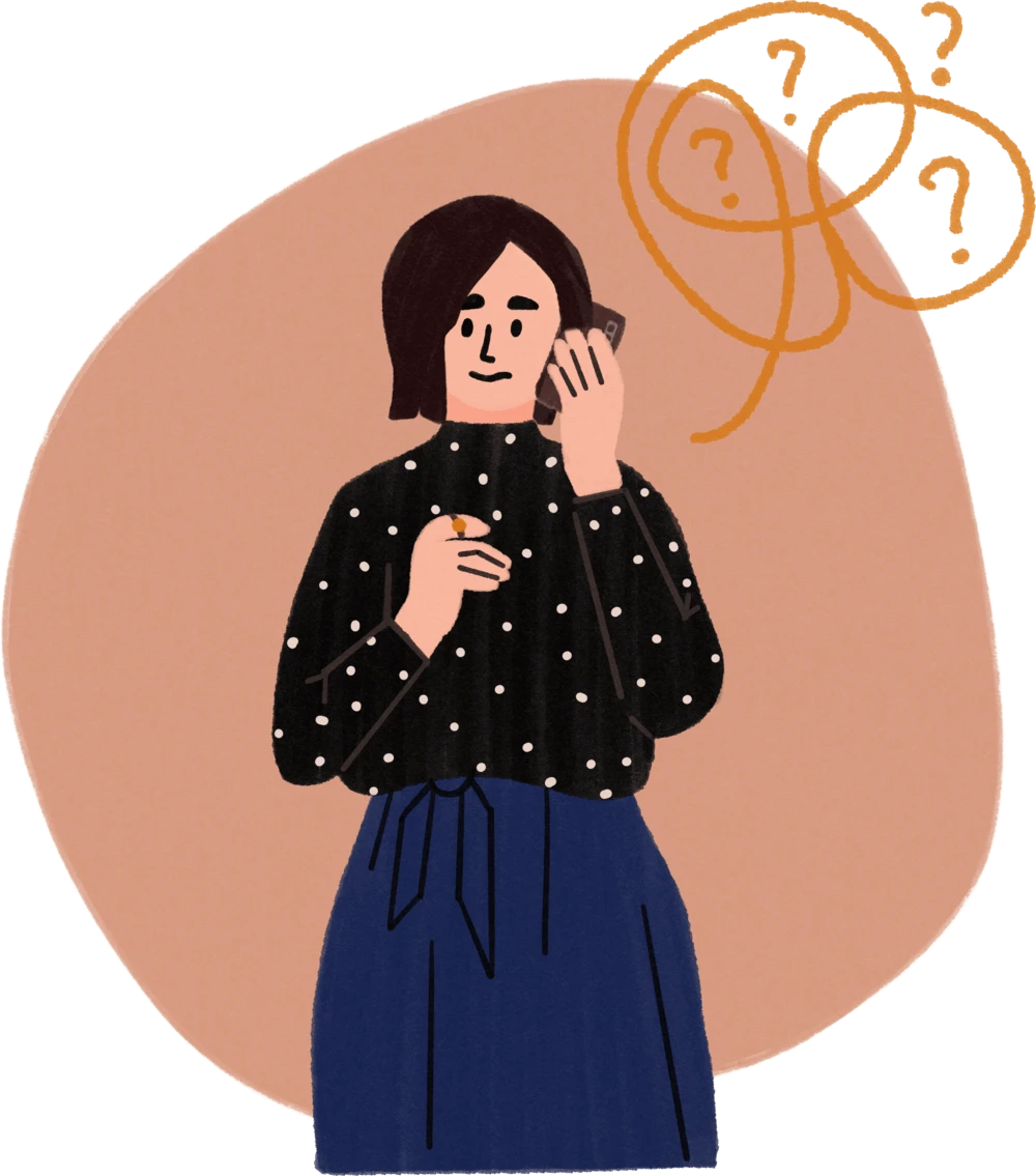 Woman with black polka-dot blouse and blue skirt holding phone to ear with question marks above.