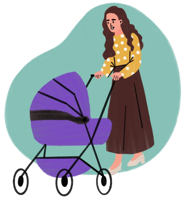 Illustration of a woman with long hair pushing a purple baby stroller.