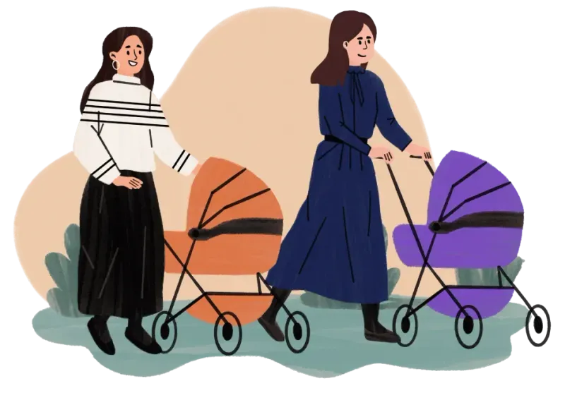 Two women walking side by side pushing baby strollers, one orange and one purple.