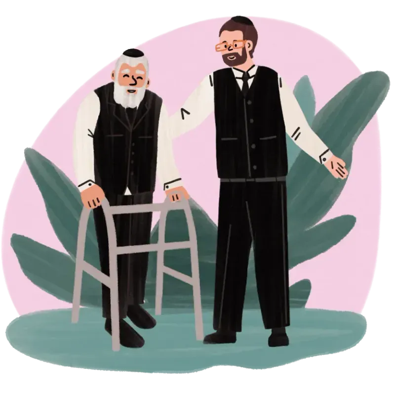 Older man with a walker supported by a younger man, both wearing traditional Jewish attire.