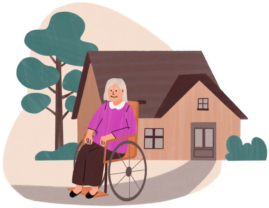 Elderly woman with white hair sitting in a wheelchair outdoors near a house with trees and bushes.
