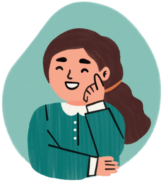 Illustration of a smiling woman with brown hair tied back, wearing a green top with a white collar.
