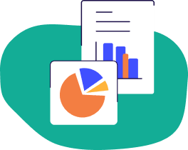 Documents showing bar and pie charts with abstract teal background shape.