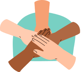 Five hands of varying skin tones stacked together, symbolizing unity and teamwork.