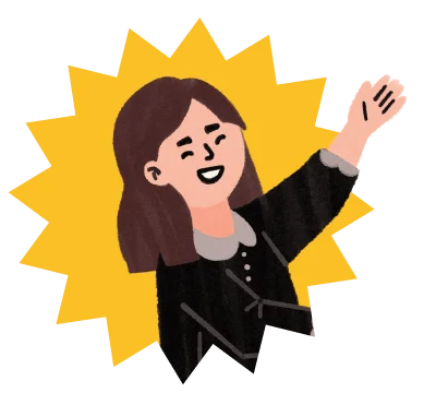 Illustration of a smiling woman waving with a yellow sunburst background.