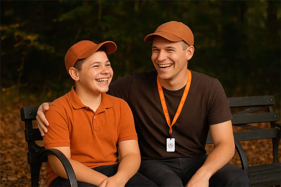 Smiling man and boy wearing orange caps sitting on park bench with trees behind them.