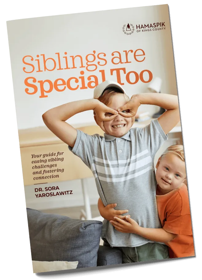 Two children smiling and hugging with the text 'Siblings are Special Too' and author Dr. Sora Yaroslawitz.