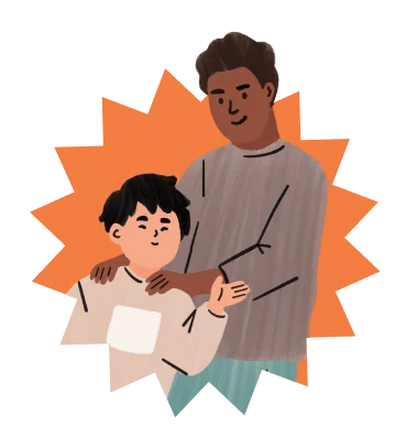 Illustration of an adult and child with arms around each other against an orange starburst background.